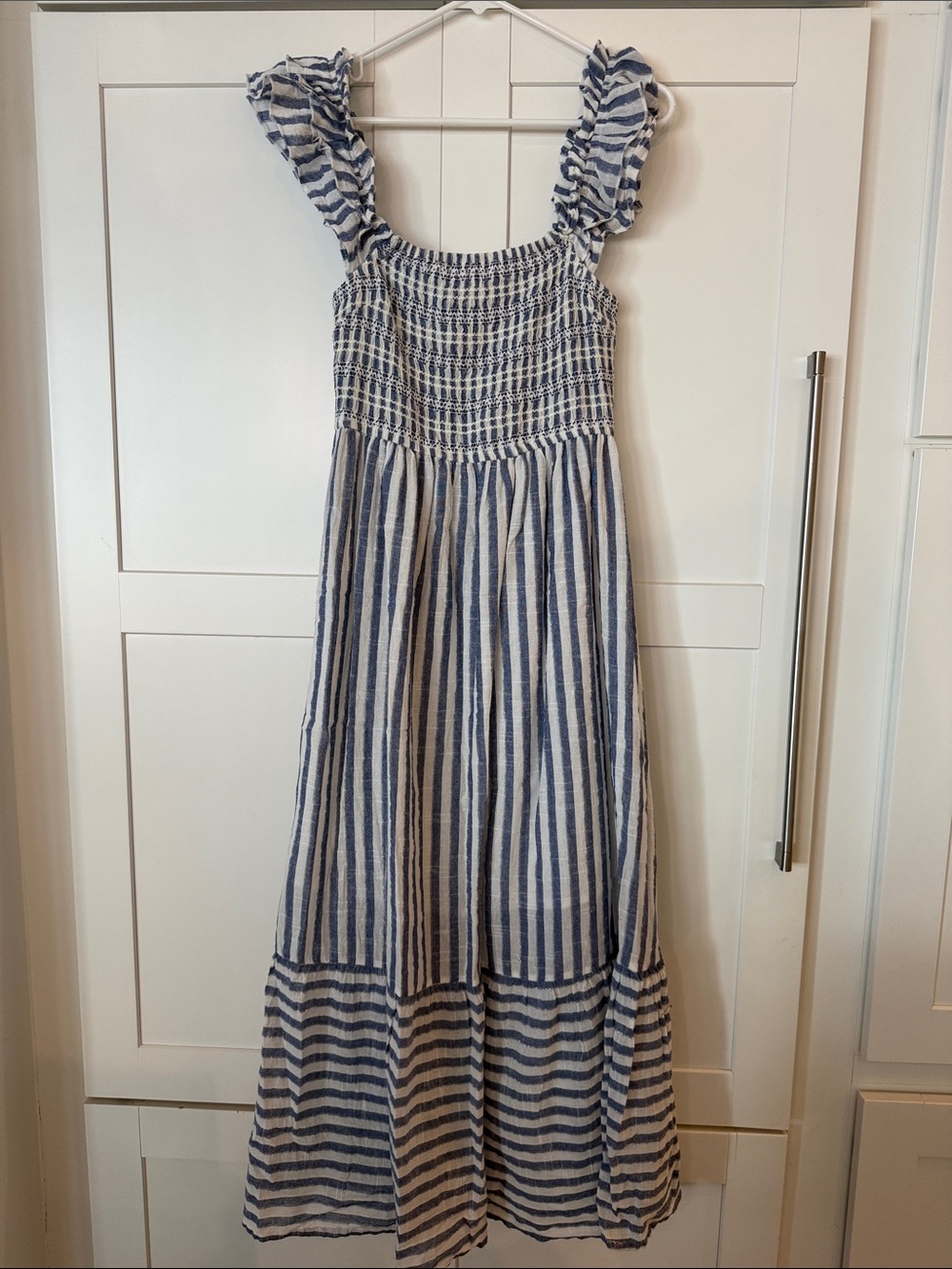 Blue and White Striped Smocked Maxi Dress with Ruffle Straps